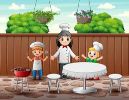 glückliche Köchin und Kinder im Restaurant vektor