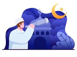 muslimische person, die am nachthimmel nach hilal sucht, mit teleskop für den neumond, der den beginn des heiligen monats des ramadan-fastenmonats signalisiert. vektor