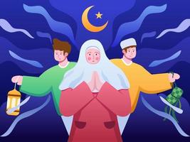 hälsning glad eid al mubarak illustration. muslimska människor firar tillsammans eid al-fitr. kan användas för eid mubarak gratulationskort, vykort, banner, affisch, animation, bok, tryck, webb, sociala medier. vektor
