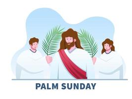 illustration christlicher religionsfeiertag palmsonntag vor osterfest mit jesus kommt nach jerusalem und leute werden mit palmblättern willkommen geheißen. kann für Grußkarten, Postkarten, Banner, Poster verwendet werden vektor
