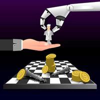 führungskonzept, ein roboter gibt einen schach-weißen geschäftsmann an menschen, finanzen und investitionen, vektorillustrator vektor