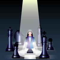 ledarskap koncept, ljus lyser på en schack affärskvinna, stjärnan i gruppen, vektor illustratör