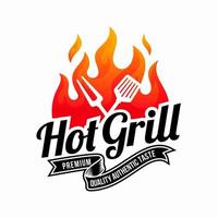 Vintage gegrilltes Barbecue-Logo, Retro-BBQ-Vektor, Feuergrill-Essen und Restaurant-Symbol, rotes Feuer-Symbol