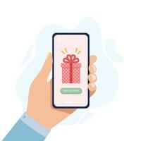 Geschenk-Online-Shopping-Konzept. Geschenke online von zu Hause aus bestellen. riesige Geschenkbox im Smartphone-Bildschirm. Einkaufen in der mobilen App. E-Commerce-Online-Shop. flache vektorillustration. vektor