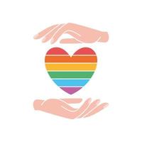 zwei Hand mit regenbogenfarbenem Herzen. Schwulenstolz. lgbt-konzept. lesbisch, schwul, bisexuell, transgender-konzept, liebessymbol. lgbt-herzflagge. Gleichberechtigung und Selbstbestätigung. Vektor-Illustration vektor