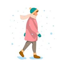 flicka går på vintern. begreppet snö, frost, kalla årstiden. vektor illustration.