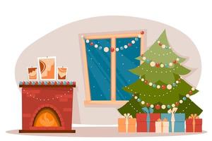 vektorillustration des weihnachtswohnzimmers mit fenster, kamin, tannenbaum und geschenken. vektor