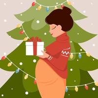 härlig gravid kvinna håller julklapp i händerna nära trädet. vektor illustration av fiktiv karaktär i platt stil.