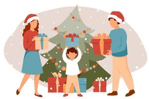 familie, die geschenke durch weihnachtsbaum gibt. vektorillustration im flachen stil. vektor