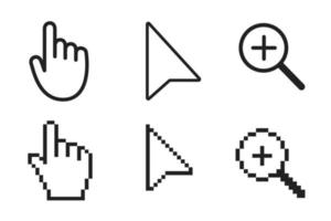 Schwarz-Weiß-Pfeil, Hand, Lupenpixel und keine Pixel-Maus-Cursor-Symbole Vektorillustration