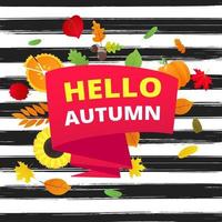 hallo herbst vektor banner oder poster gradient flache design vektorillustration. riesiges rotes band mit text, farbigen blättern, kürbis, sonnenblumen, kuchen und mais isoliert auf lustigem hintergrund.