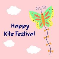 Happy Kite Festival Banner. süßer schmetterlingsdrachen fliegt im rosa himmel zwischen den wolken. vektor