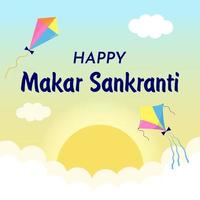 glad makar sankranti semester. indisk hinduisk festival med drakflygning, sol och moln. vektor