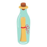Glasflasche mit Papierrolle im Inneren. Flaschenpost fürs Meer. symbol für piraten, seereise, schiffsreise.
