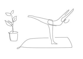 Pilates einzeilige Pose. Yoga Krieger III Asana. Vektorfrau, die Strichzeichnungen ausdehnt. vektor