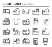 Symbole für Kreditkartenzeilen festgelegt. Sammlung einfacher Umrissvektorsymbole. editierbarer Strich. vektor