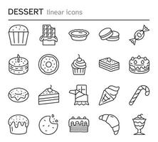 einfache reihe von desserts zeilensymbole. einfache sammlung süße lebensmittelillustration. Schokolade, Kuchen, Muffins, Makronen, Krapfen und mehr. editierbarer Strich. vektor