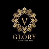 Buchstabe V Glory Crest Luxus kreisförmige Pflanzen Vintage-Vektor-Logo-Design vektor