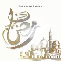 ramadan kareem hintergrund mit kalligrafie und handgezeichneter großer moschee. vektor