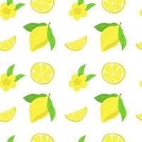 nahtloses muster aus hellen zitronen, handgezeichneten elementen. Sommer. gelbe Zitronen mit Blättern und Blüten auf weißem Hintergrund. geeignet für Textilien und Verpackungen. vektor