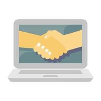 Handshake im Laptop, Konzept des Online-Deal-Symbols im flachen Stil.
