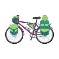 Das Fahrrad ist für Wanderungen, Reisen und Radtouren ausgestattet. flache vektorillustration eines fahrrads mit rucksäcken auf kofferraum und lenkrad. konzept des reisens mit einem fahrrad. Outdoor-Abenteuer. vektor