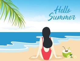 hallo sommerbeschriftung auf roter bikinifrau, die auf der seestrandansicht-vektorillustration sitzt. hintergrund des sommerferienkonzepts vektor