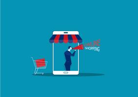 affärsman på smarttelefon med e-shop onlinebutik vektor