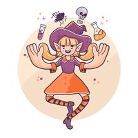 halloween magiker häxa flytande spindel, skalle och potions gullig illustration vektor