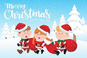 charakterillustration kinder, die weihnachtsmannuniform tragen, tragen eine rote tasche, die in der weihnachtsschneeszene glücklich ist. vektor