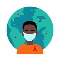 junger schwarzer Mann mit Maske und rotem Band mit Erdkugel im Hintergrund. symbol der solidarität mit hiv-positiven und mit aids lebenden menschen. Sensibilisierungskampagne. Plakat zum Welt-Aids-Tag vektor