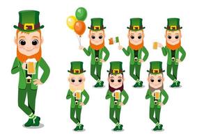 Happy Saint Patrick's Day mit Koboldjungen mit Bierglas, irischer Flagge und irischem Ballon. Zeichentrickfigur Junge Vektor