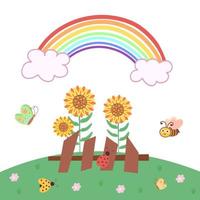 sonnenblumen und regenbogen, sommerlandschaft, schmetterling. Biene und Marienkäfer. illustration für druck, hintergrund, grußkarte, poster, aufkleber und saisonales design. isoliert auf weißem Hintergrund. vektor