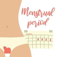 weibliche Menstruation. frauen mit zeit- und hygieneprodukt tampon, damenbinden und menstruationstasse. menstruationsperiode, tampon-illustration für menstruationszubehör. vektor