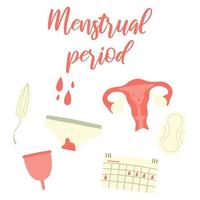 kvinnlig menstruation. kvinnor med period och hygienprodukt tampong, bindor och menskopp. menstruation, menstruationstillbehör tampong illustration. vektor