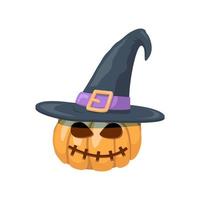 Halloween-Kürbis mit geschnitztem Gesicht, das einen Hexenhut trägt. Orangenkürbis mit einem Lächeln in einem Hut vektor