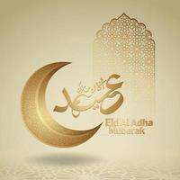 eid al adha mubarak islamisk design med halvmåne och arabisk kalligrafi, mall islamisk utsmyckad gratulationskort vektor