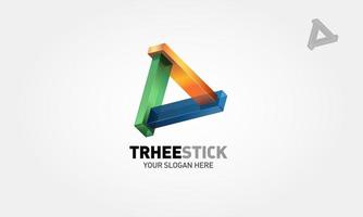 Drei-Stick-Vektor-Logo-Vorlage. 3D abstraktes Dreiecksformsymbol, das aus farbigem Glasblock strukturiert ist. vektor