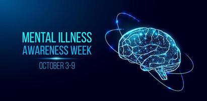 psykisk sjukdom medvetenhet vecka koncept. banderoll med glödande hjärna med låg poly trådram. isolerad på mörkblå bakgrund. vektor illustration.