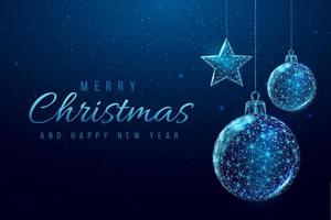 Wireframe-Weihnachtskugeln und Stern, Low-Poly-Stil. frohe weihnachten und neujahrsbanner. abstrakte moderne 3D-Vektorillustration auf blauem Hintergrund. vektor