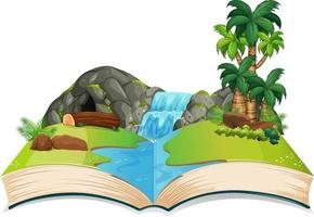 Buch mit Wasserfall und Bäumen in der Szene vektor