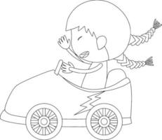 en flicka i racerbil svart och vit doodle karaktär vektor