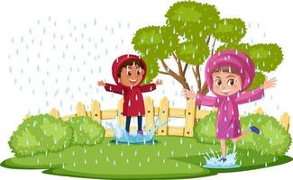 ein Kind, das den Regenmantel trägt und im Regen spielt vektor