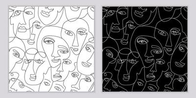 eine Reihe nahtloser Muster von handgezeichneten abstrakten Gesichtern von Männern und Frauen im Linienkunststil. moderne minimalistische Schwarz-Weiß-Zeichnung vektor