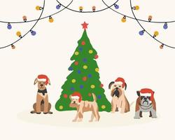 god jul gratulationskort. olika husdjurshundar i en jultomtehatt på bakgrunden av julgranen vektor