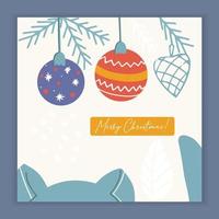 frohe weihnachtskarte mit kitty cat und feiertagselementen und symbolen. vektor