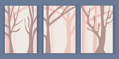 minimalistiskt abstrakt landskap. träd i skogen. grenar utan löv. pastellrosa toner vektor