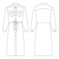 Schablonenkleid mit Bindungstaille und aufgesetzten Taschen vector flache Designentwurfskleidung der Illustration