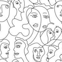 sömlösa mönster av handritade abstrakta ansikten av män och kvinnor i linjekonststil. modern minimalism svartvit ritning. vektor