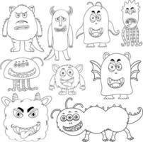 en uppsättning doodle om monster på vit bakgrund vektor